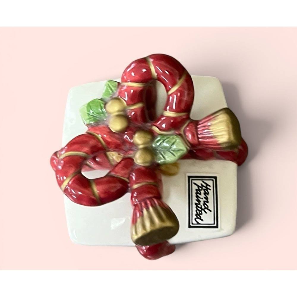 Fitz & Floyd 1988 Christmas Present Gift Ribbon Box Holly Trinket Treasure Box - Picture 6 of 11